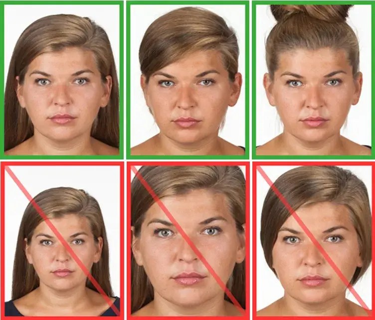 Grafika przedstawia sześć zdjęć tej samej kobiety ułożonych w&nbsp;dw&oacute;ch rzędach po trzy. W g&oacute;rnym rzędzie zdjęcia są obramowane na&nbsp;zielono i&nbsp;pokazują poprawne zdjęcia do dokument&oacute;w: neutralny wyraz twarzy, twarz na&nbsp;wprost, włosy upięte lub&nbsp;odsunięte od twarzy. W dolnym rzędzie zdjęcia są obramowane na&nbsp;czerwono i&nbsp;przekreślone ukośną linią &ndash; przedstawiają nieprawidłowe przykłady, m.in. niewłaściwą fryzurę, inne ujęcie twarzy lub&nbsp;nieodpowiednią kompozycję kadru.