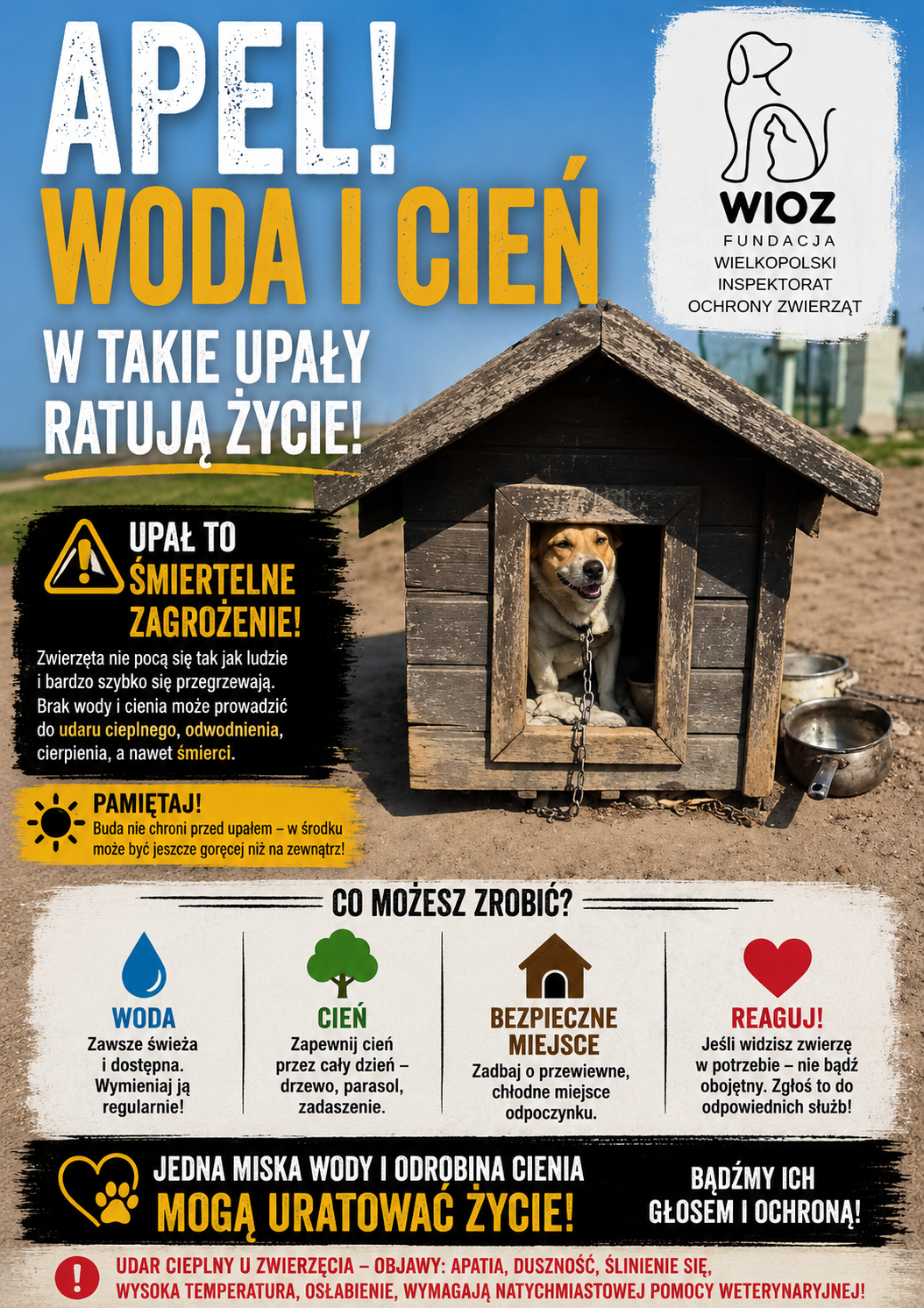 Apel!  Woda i&nbsp;cień W TAKIE UPAŁY RATUJA ŻYCIE! UPAŁ TO ŚMIERTELNE ZAGROZENIE! Zwierzęta nie pocą się tak jak ludzie bardzo szybko się przegrzewają. Brak wody i&nbsp;cienia może prowadzić do udaru cieplnego; odwodnienia, cierpienia, a&nbsp;nawet śmierci.  PAMIĘTAJ! Buda nie chroni przed upałem - w&nbsp;środku może być jeszcze goręcej niż na&nbsp;zewnątrz! CO MOŻESZ ZROBIĆ? WODA Zawsze świeża dostępna. Wymieniaj ją regularnie! CIEŃ Zapewnij cień przez cały dzień drzewo, parasol, zadaszenie. BEZPIECZNE MIEJSCE Zadbaj o&nbsp;przewiewne, chłodne miejsce odpoczynku. REAGUJ! Jeśli widzisz zwierzę w&nbsp;potrzebie nie bądź&nbsp;obojętny. Zgłoś to do odpowiednich służb! EDNA MISKA WODY ODROBINA CIENIA BĄDŹMY ICH MOGĄ URATOWAC ZYCIE!