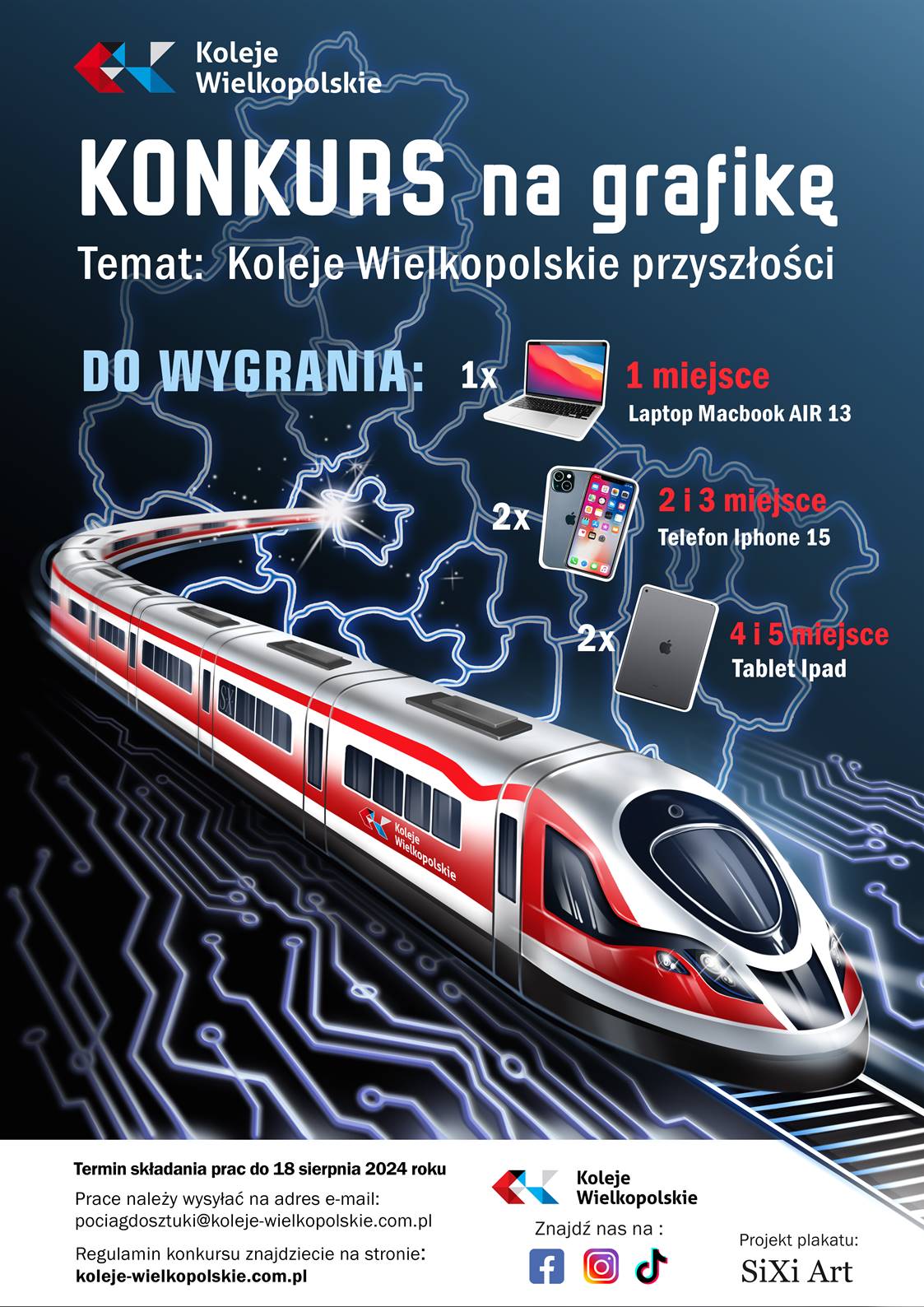 Termin składania prac do 18 sierpnia 2024, Prace należy wysyłać na adres e-mail: pociagdosztuki@koleje-wielkopolskie.com.pl, Regulamin konkursu znajdziecie na stronie: koleje-wielkopolskie.com.pl