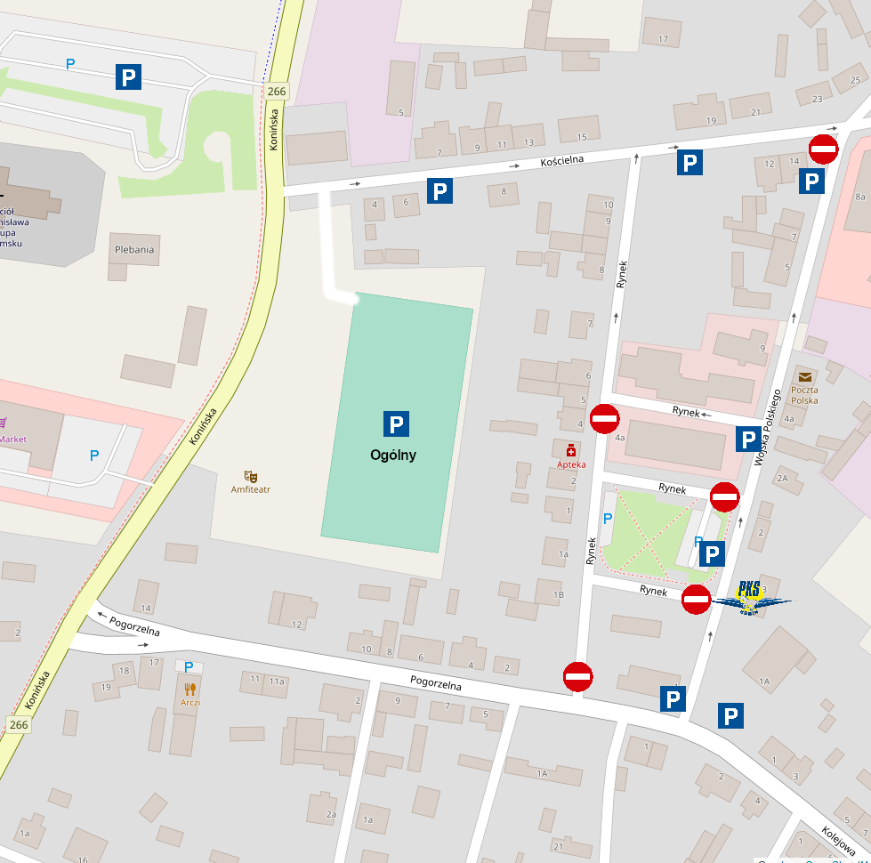 Mapa ogólna ze znakami, obszar od parkingu przy kościele do ulic Pogorzelnej i Wojska Polskiego