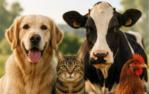 Pies rasa golden retriever, kot, krowa oraz kura leżące razem na trawie.